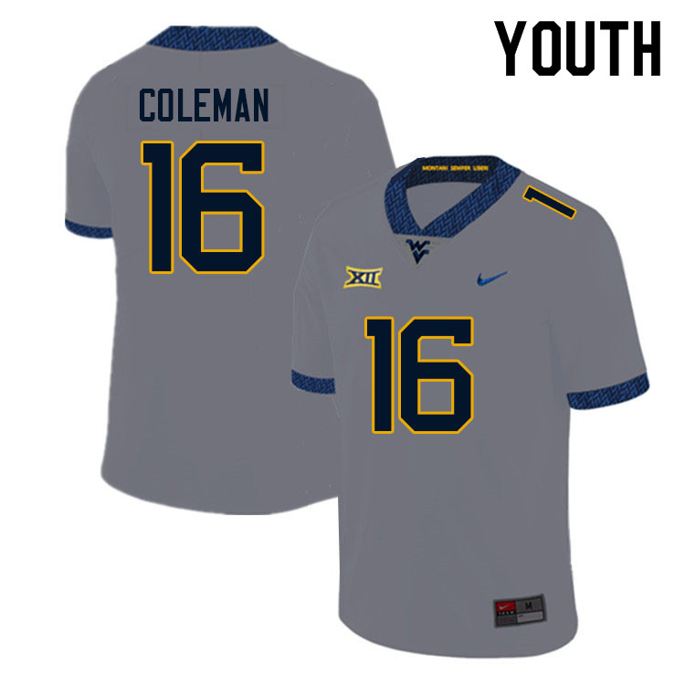 Youth #16 Caleb Coleman West Virginia Mountaineers College Football Jerseys Sale-Gray - Click Image to Close